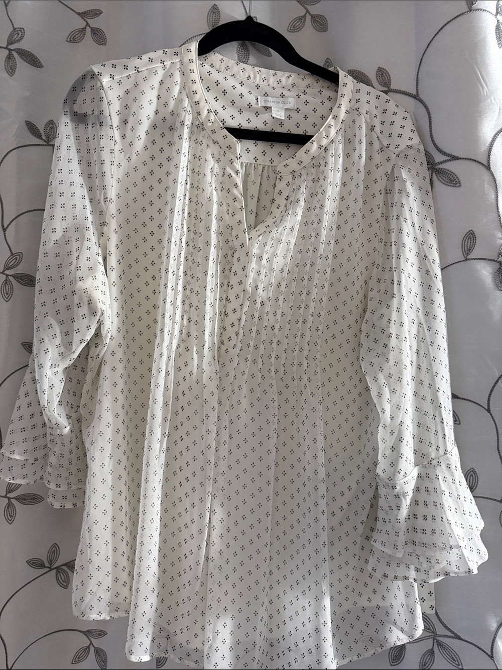 Charter Club White Printed Ruffle-Sleeve Tunic